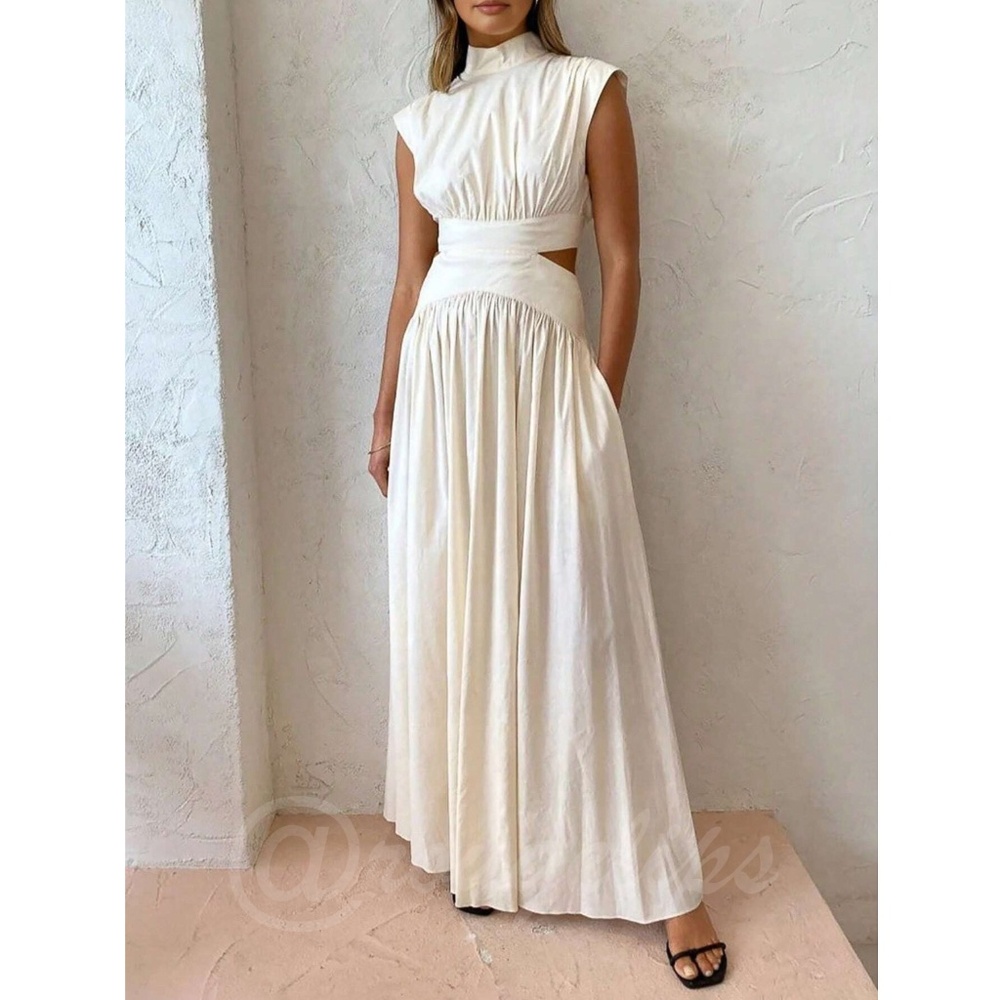 White Long Dress High Neck Cut Out Back Flared Skirt Sleeveless - Picture 8 of 11